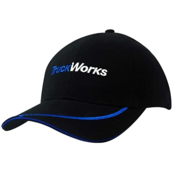 A black cap with blue sandwich trim and an embroidered logo. It features a curved peak and a classic design.