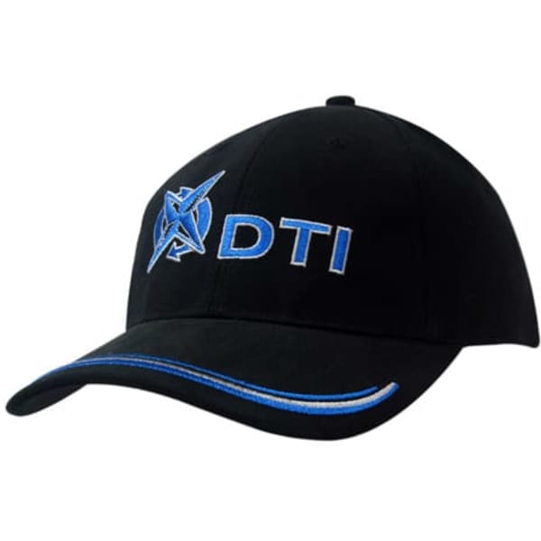 A black cap featuring a blue embroidered logo and peak embroidered lines. It has a structured design.