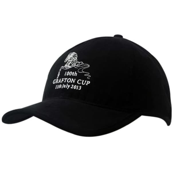 A black cap featuring embroidered details with a logo and text about the Crafton Cup, dated 11th July 2013.