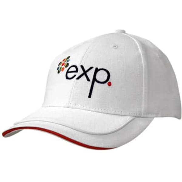 A white cap with a rounded peak, featuring red piping and an embroidered logo on the front.