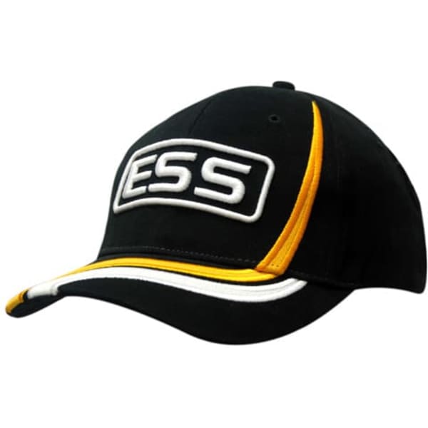 A black cap featuring yellow and white accents, with an embroidered logo on the front.