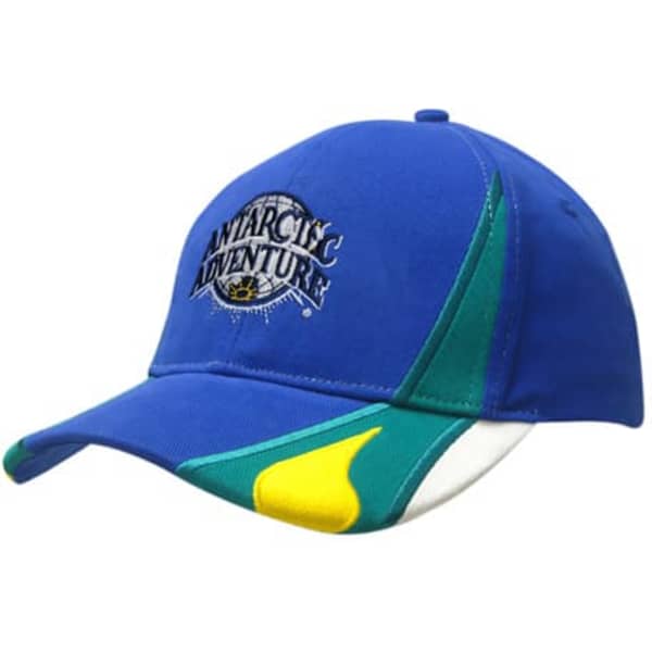A blue cap featuring green and yellow accents and an embroidered logo.