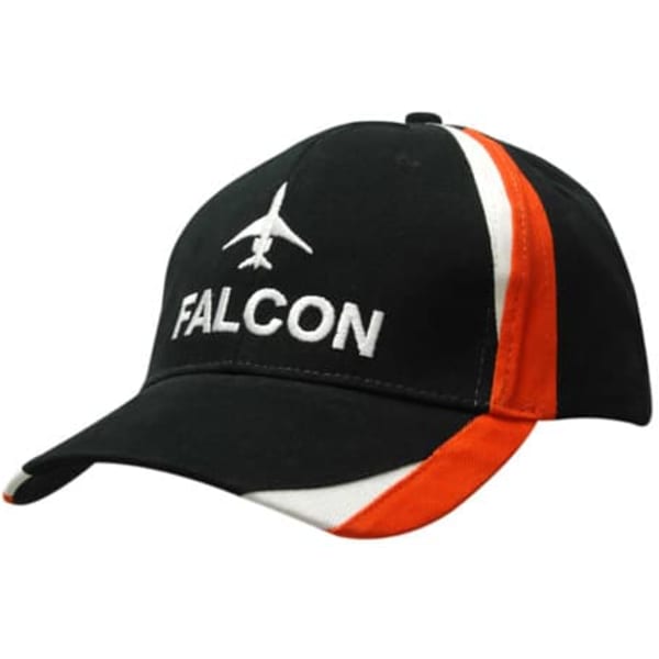 A black cap with red and white fabric inserts on the crown and peak, featuring a logo.