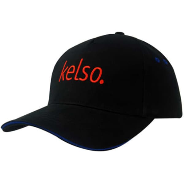 A black cap with blue trim featuring a red logo on the front. It has a classic baseball style.
