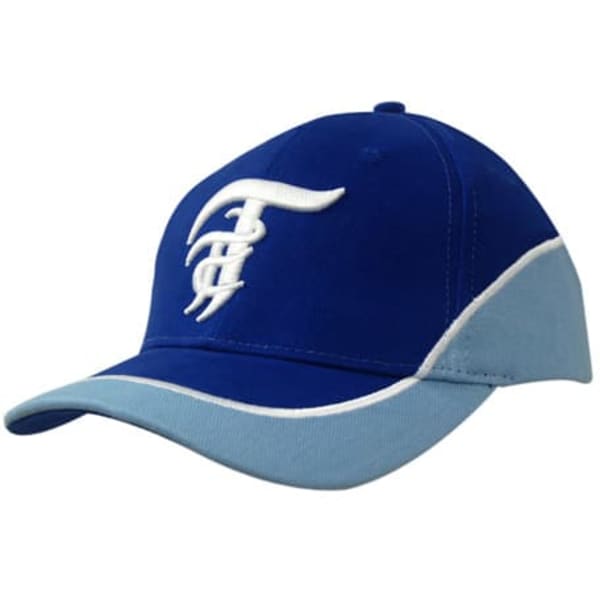 A blue cap with a light blue peak and embroidered design, featuring a logo on the front.