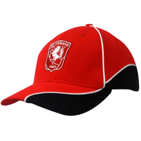 A red cap with black accents, featuring a logo on the front and white piping along the seams.