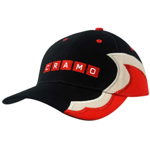 A black and red cap featuring embroidered lines on the crown and peak, with a logo on the front.