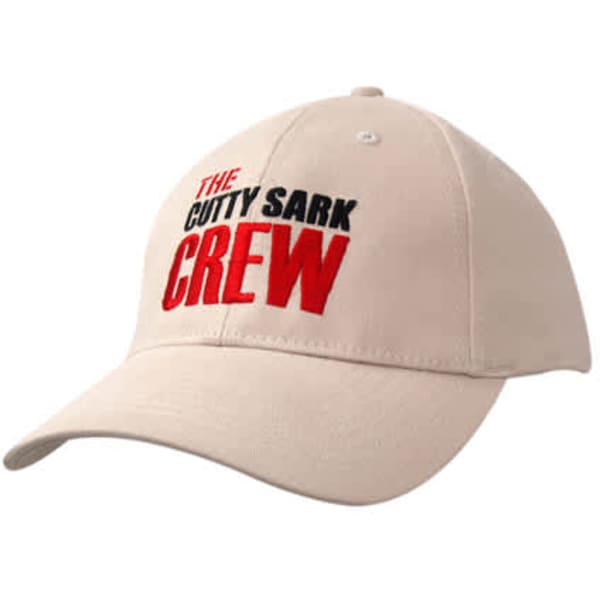 A beige cap featuring red and black embroidered text. The cap has a logo on the front and a curved brim.