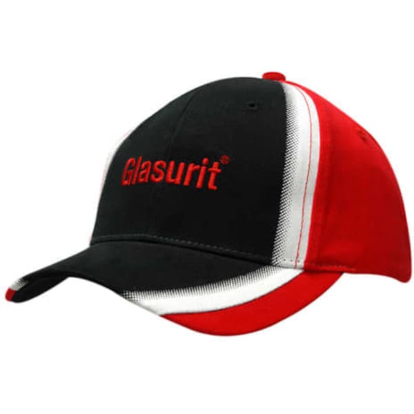 A black and red cap with a shadow print design on the crown and peak, featuring a logo.