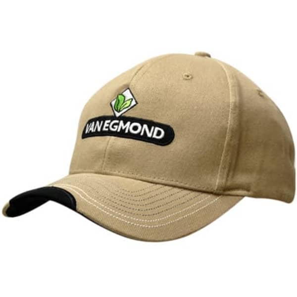 A beige cap with a black peak and contrast stitching, featuring a logo on the front.