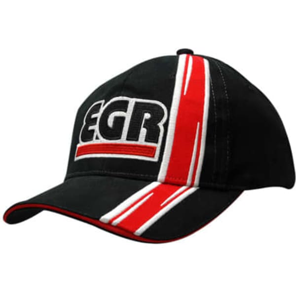 A black cap featuring a logo and red and white stripes on the front and peak.