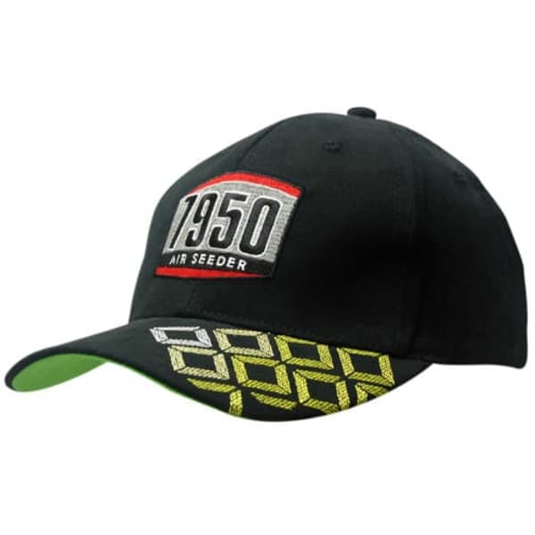 A black cap featuring an embroidered logo on the front and a patterned peak in yellow and green.