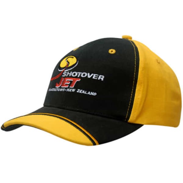 A cap featuring a black and yellow design with an embroidered logo on the front.