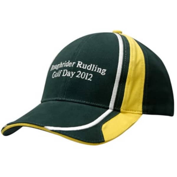 A green and yellow cap with fabric inserts and embroidery on the crown and peak. It features a logo.