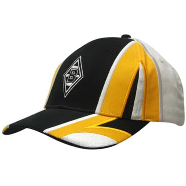A black, white, and yellow cap featuring fabric inserts and embroidery on the crown and peak, with a logo.