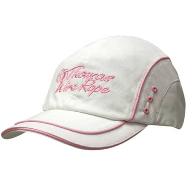 A white cap with pink sandwich trim, mesh inserts, and embroidered branding on the front.