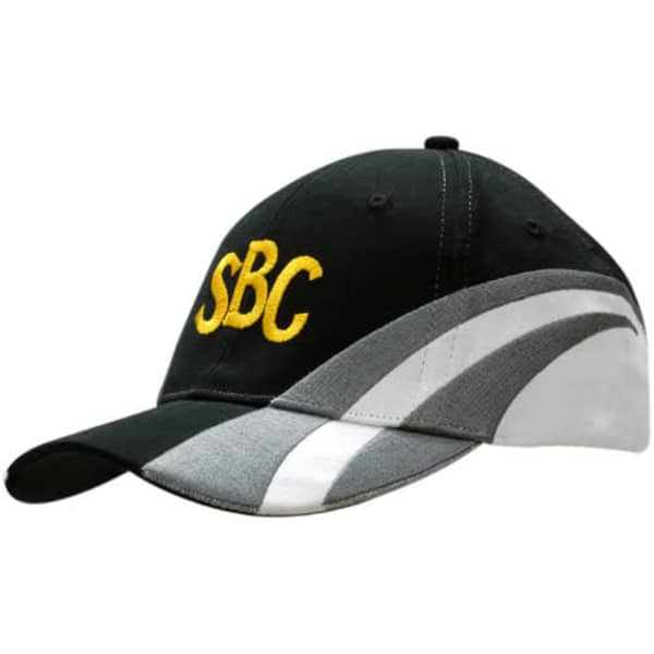 A black and grey cap with fabric inserts and yellow embroidery on the crown and peak, featuring a logo.