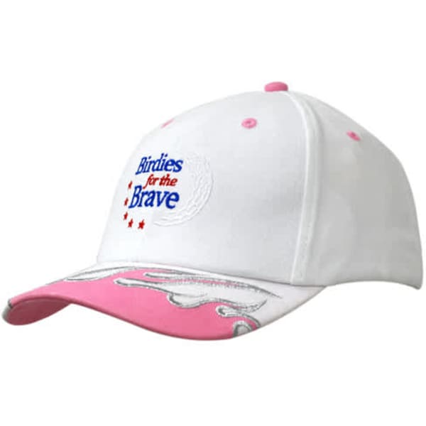 A white cap with a pink peak and flame embroidery, featuring a logo on the front.