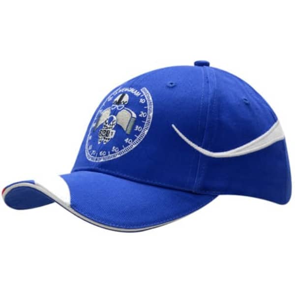 A blue cap with fabric inserts and embroidery on the crown and peak, featuring a logo.