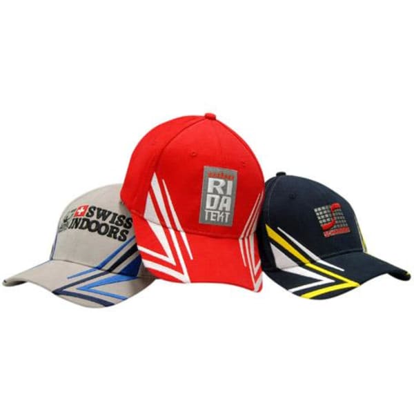 Three caps displayed: one red with white stripes, one grey with blue accents, and one navy with yellow and red detailing. Each has a logo.