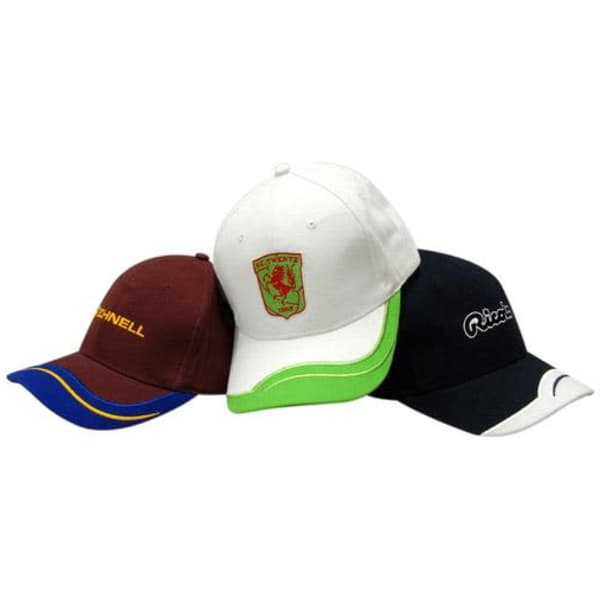 Three caps are displayed: a maroon cap with yellow and blue accents, a white cap with a green peak, and a black cap with a logo.