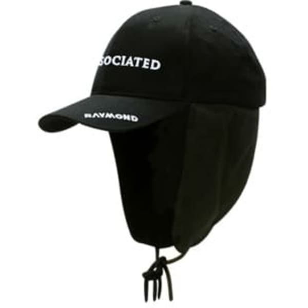 A black cap with a wide brim and back flap, featuring a logo and adjustable drawstring.