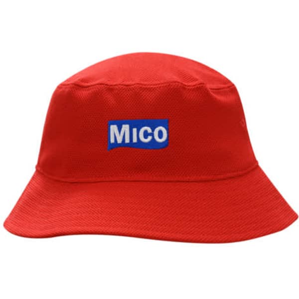 A red bucket hat made of double pique mesh, featuring a logo on the front.