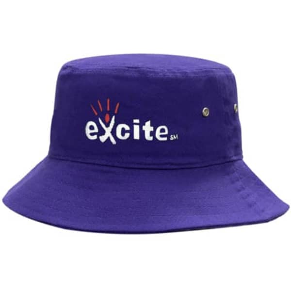 A purple brushed heavy cotton bucket hat featuring a logo on the front and metal eyelets.