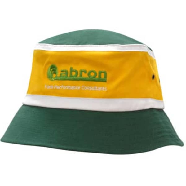 A premium cotton twill bucket hat featuring green and yellow colours with a logo on the side.