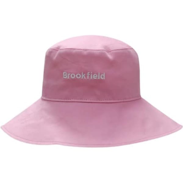 A pink premium cotton twill ladies hat with a wide brim and a logo on the front.