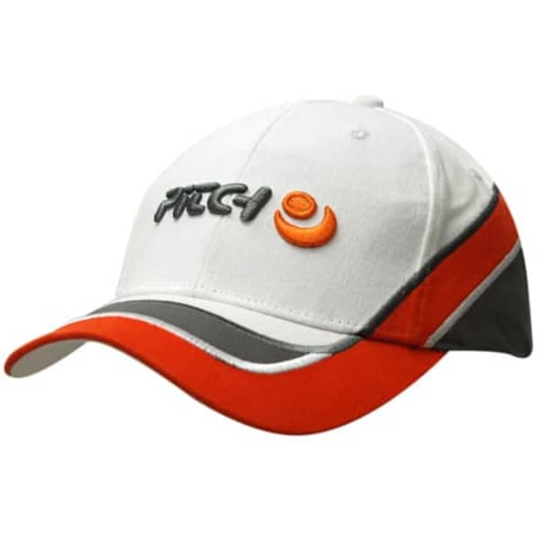 A white cap with orange and grey accents, featuring embroidery on the crown and peak, along with a logo.