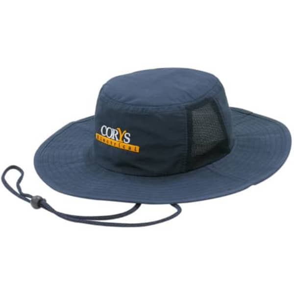 A navy microfibre hat with mesh inserts and a chin cord. It features a logo on the front.