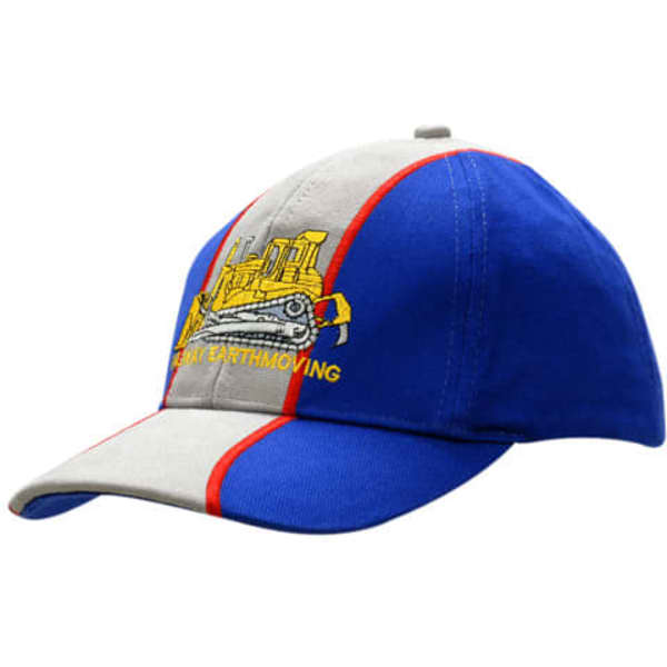 A blue and grey cap with a fabric insert, featuring embroidery on the crown and peak, along with a logo.