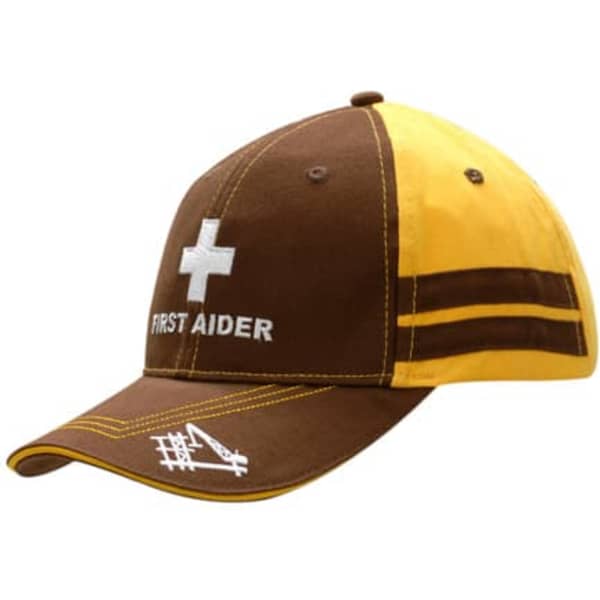 A brown and yellow cap with a cross logo, contrasting stitching, and 