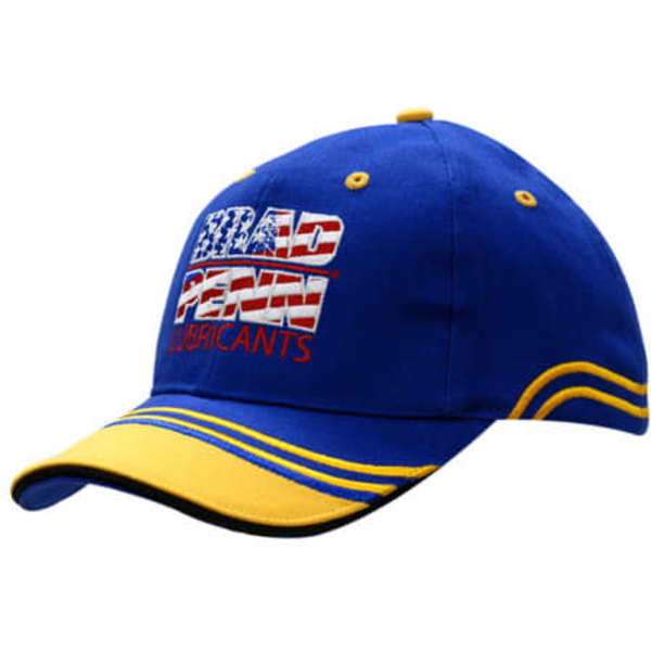 A blue cap with a yellow peak featuring an embroidered logo and sandwich trim details.