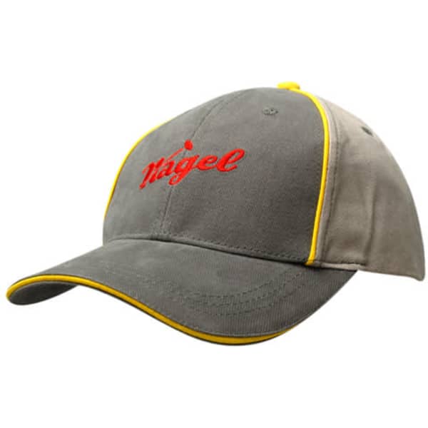 A grey cap with yellow sandwich trim and crown piping, featuring a logo on the front.