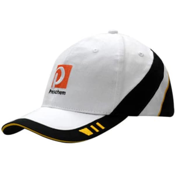 A white cap with black and yellow accents, featuring an embroidered logo on the front and peak.
