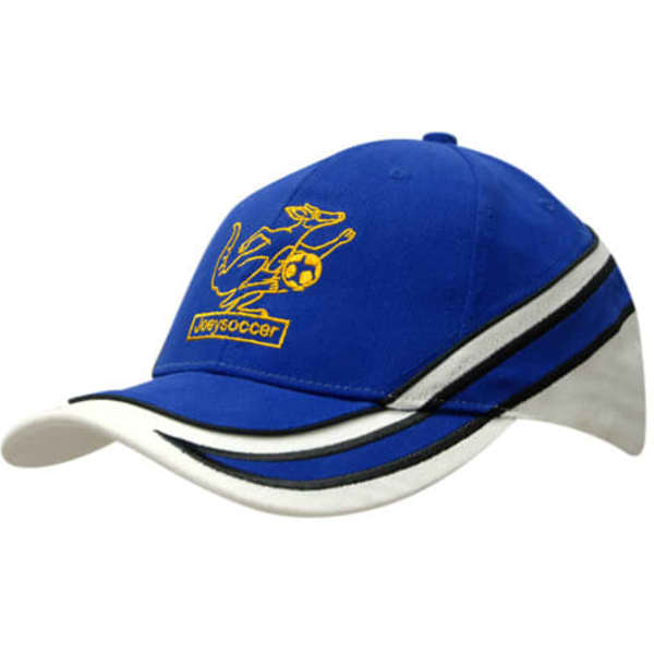 A blue cap with a white peak and embroidered logo, featuring striped fabric trims on the crown.