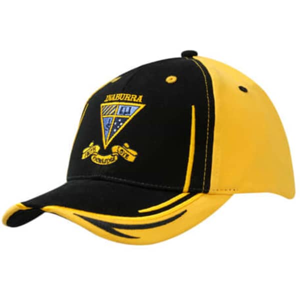 A black and yellow cap featuring a logo on the front and contrasting stitching along the peak.