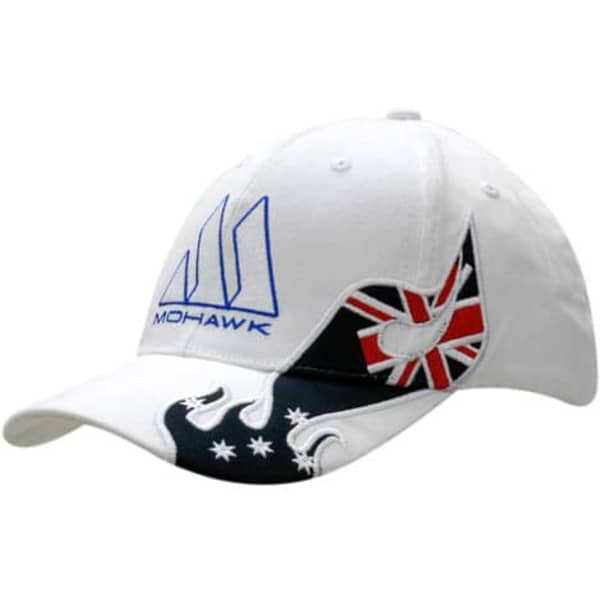 A white cap featuring an Australia applique on the crown and peak, with a logo on the front.