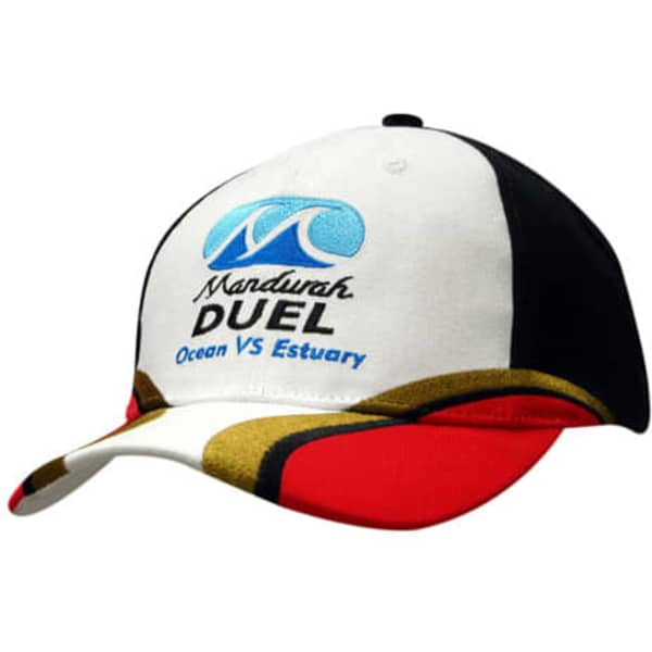 A cap featuring a white crown, black peak, and red and gold fabric inserts, with a logo on the front.