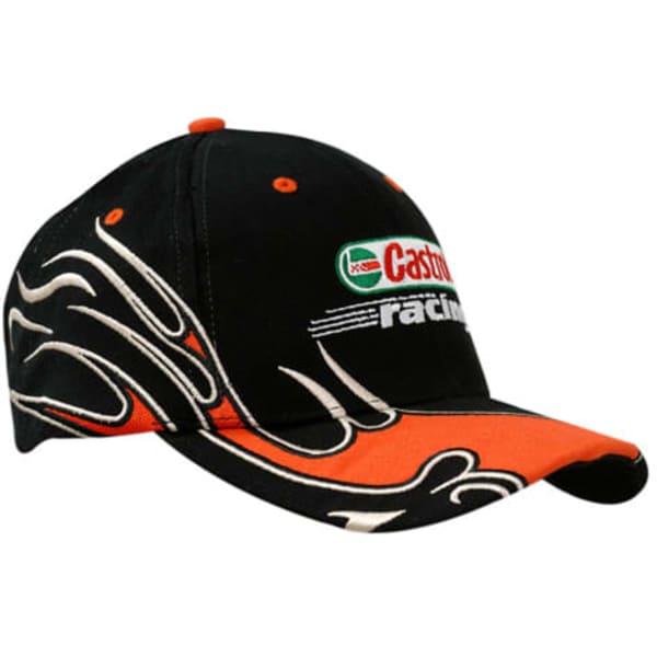 A cap featuring a black crown with an orange peak and flame design, along with a logo on the front.