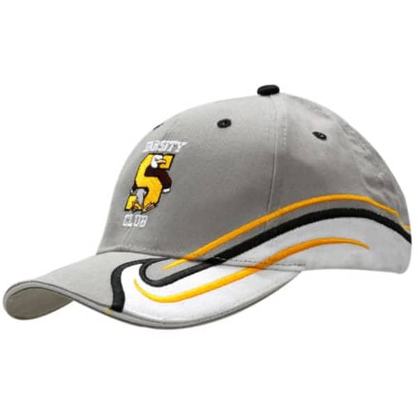 A grey cap with a curved black and white design, featuring fabric inserts and an embroidered logo on the front.