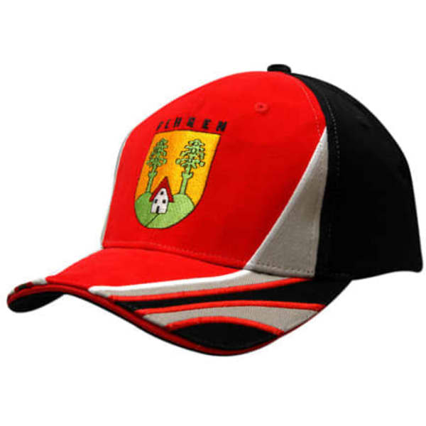 A red and black cap featuring a logo with trees and a house, with embroidered details and sandwich trim.