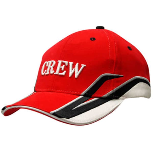 A red cap with an embroidered 