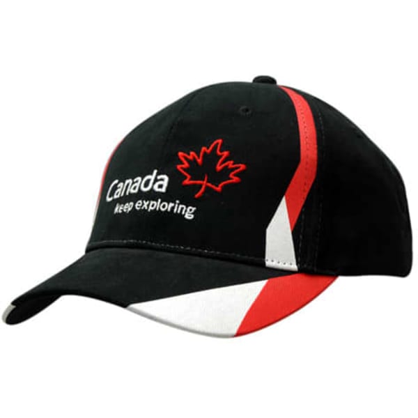 A black cap with a red and white printed design and a logo featuring a maple leaf.