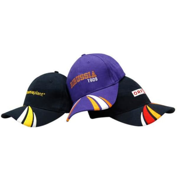 Three caps in navy and purple with peak embroidery and various logos displayed on the front.