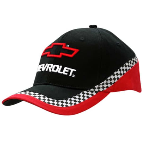 A black cap with a red visor and check print detailing, featuring a logo on the front.