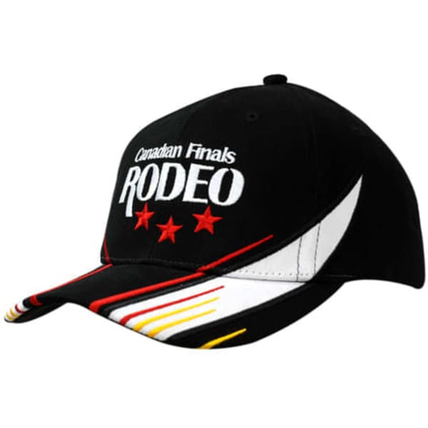 A black cap featuring embroidered text and a colourful design, including red, white, and yellow accents.