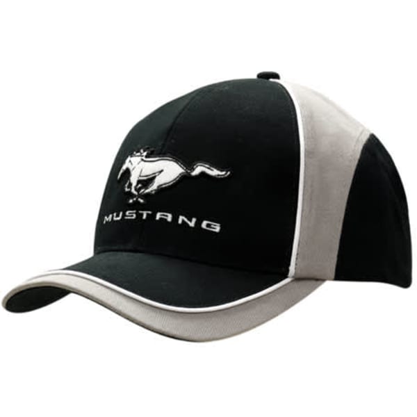 A black and grey cap with fabric inserts and piping on the crown and peak, featuring a logo.